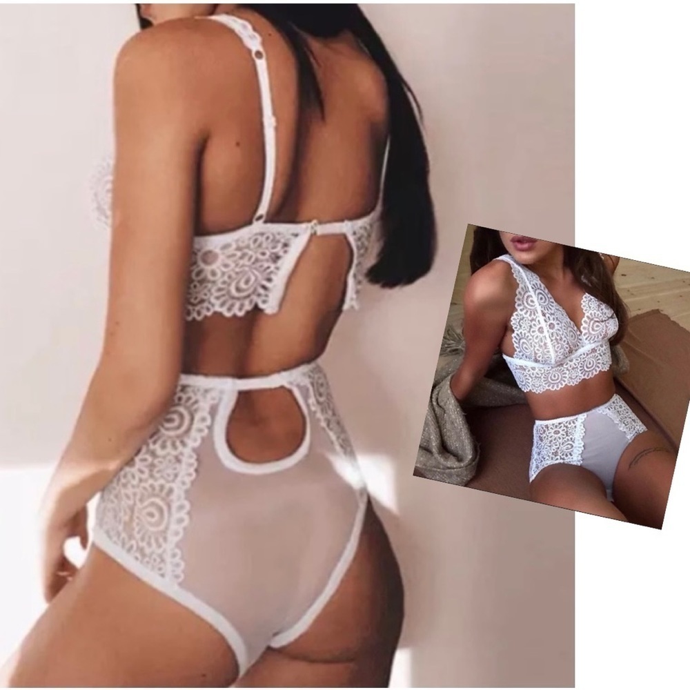 NWT 2pc Sexy Bra Bralette Cutout Back White Sheer Lace High Waisted Panty Set XL